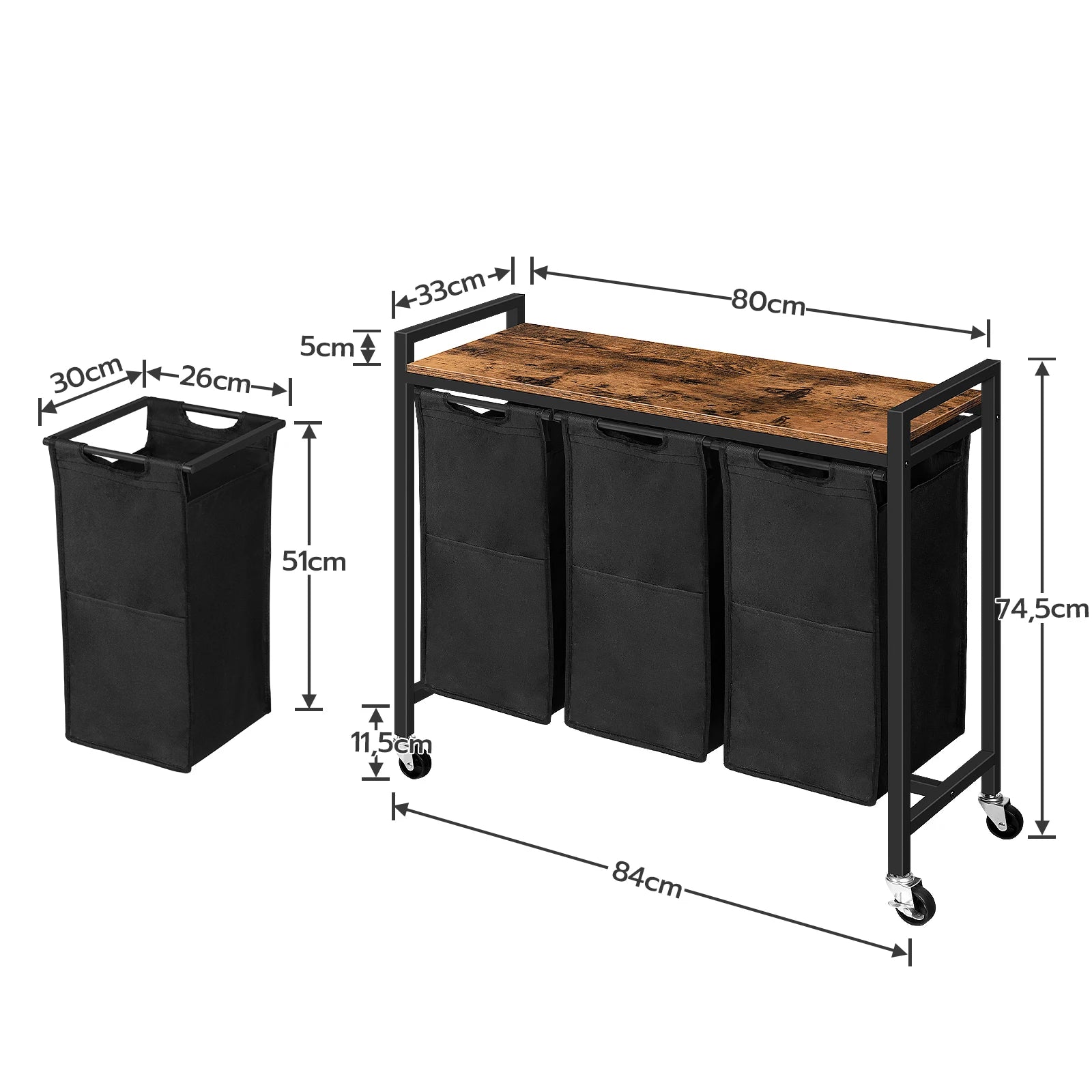 HOOBRO Wäschekorb mit 3 Fächern – 3 × 40 L, Deckel & Rollen, Wäschesortierer