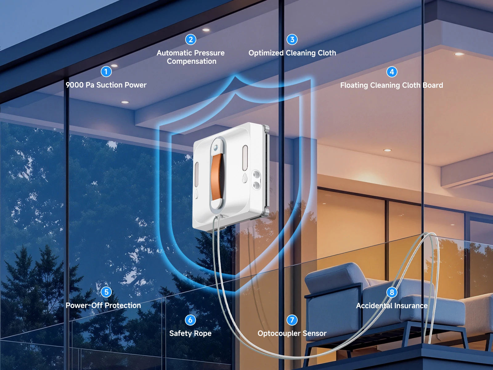 Lubluelu Fensterreinigungsroboter – 9000Pa, 8-facher Sicherheitsschutz, intelligente Routenplanung