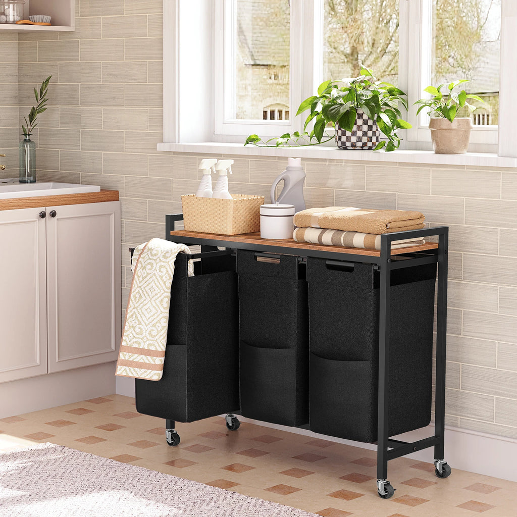 HOOBRO Wäschekorb mit 3 Fächern – 3 × 40 L, Deckel & Rollen, Wäschesortierer